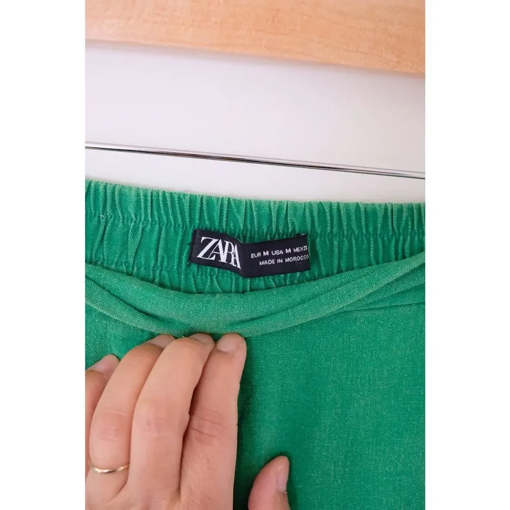 Zara Green Linen Wide Leg Pants Size M Coastal Grandma Vacation Resort Pants